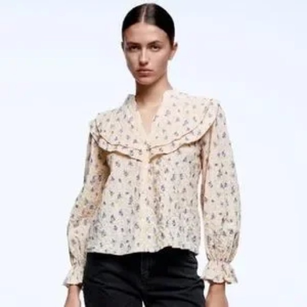 Zara Floral Textured Long Sleeve Top Bib Collar Blouse